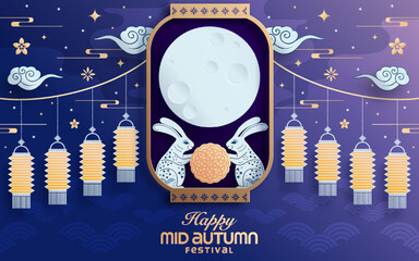 Mid autumn festival paper art style with full moon, moon cake, chinese lantern and rabbits on background.