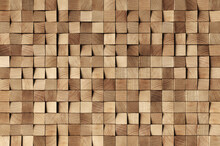 Natural Wooden Background. Wood Blocks. Wall Paneling Texture. Wooden Squares, Tile Wallpaper. 3D Rendering