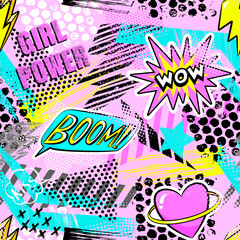Aufkleber - Fashion abstract seamless pattern with patch, stickers, dots and words. Cool background on comics style for teen girl