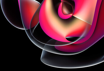 Wall Mural - 3d render of abstract art 3d background with part of surreal alien flower in curve wavy organic spherical biological lines forms in transparent glowing material in red purple gradient color on black 