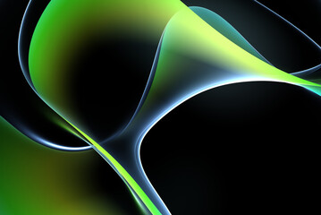 3d render of abstract art surreal 3d background in curve wavy elegance organic biological lines forms in transparent plastic material in green and yellow gradient color on black