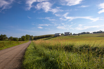 Wall Mural - Country road cutting through farm fields with a farmhouse sitting on a hill under a blue sky | Amish country, Ohio