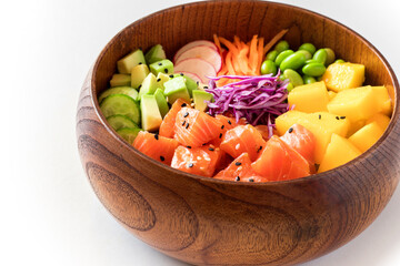 Wall Mural - poke bowl salade in wooden bowl isolated on white background zoom