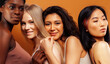 © iordani - young pretty african and caucasian women posing cheerful together on brown background, lifestyle diverse nationality people concept
