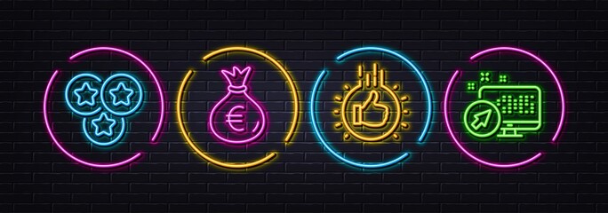 Stars, Money bag and Like hand minimal line icons. Neon laser 3d lights. Web system icons. For web, application, printing. Ranking stars, Euro currency, Thumbs up. Computer. Vector