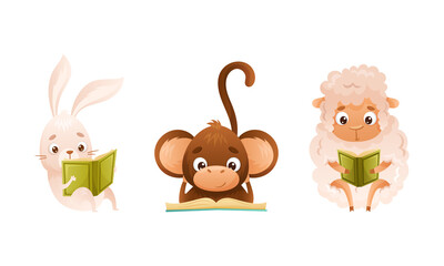 Sticker - Cute baby animals reading books set. Rabbit, monkey, sheep sitting with book cartoon vector illustration