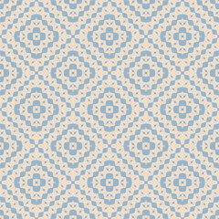 Vector geometric ornament in ethnic style. Abstract seamless pattern with simple elements, rhombuses, zigzag shapes, repeat tiles. Tribal background texture. Folk motif. Retro blue and beige color