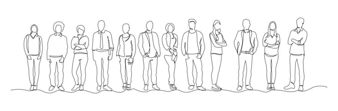 continuous line drawing of diverse group of standing people. continuous line drawing of group of var