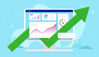 Poster - Computer screen with positive graphs and charts showing digital business growth. Vector illustration