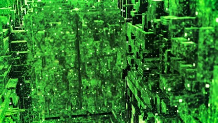 Poster - Green paths of rectangles . Motion.Long paths of small rectangles in animation that move apart from all sides.