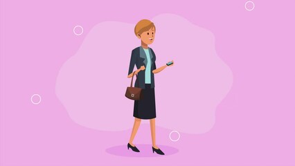 Poster - businesswoman walking using smartphone character