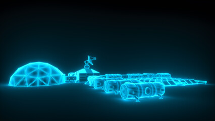 Wall Mural - a blue wireframe from a space station outpost (3d rendering)