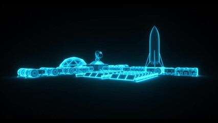 Wall Mural - a blue wireframe from a space station outpost (3d rendering)