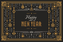 Vector Happy New Year Celebration Banner Concept Trendy Typography And Holidays Toys Art Deco Style For Greeting Card, Poster, Christmas Invitation, Party, Flyer. 10 Eps