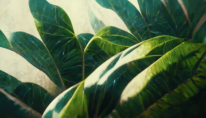  Green tropical leaves. Vegetable green background. Abstract monstera leaves. 3D illustration.