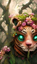 A Fantasy Tiger With Flowers And A Beautiful Magical Fairy Tale Enchanted Forest. Artistic Abstract Beautiful Nature. Perfect For Phone Wallpaper Or For Posters.