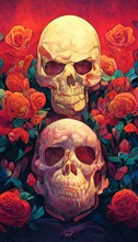 Terrible Skulls Among The Red Roses. Halloween Decorations Of Bones And Flowers. Hallowe'en Concept. Perfect For Phone Wallpaper Or For Posters.