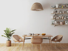 Room With Rattan Dining Table Set, Rattan Hanging Lamp, Glass Shelves, And Plant. 3d Illustration. 3 Rendering