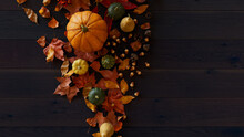Fall Flat Lay With Leaves, Pumpkins And Fruits. Thanksgiving Concept With Space For Text.