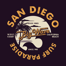San Diego Surfing Paradise, Lettering Graphic Vector Illustration In Vintage Style For T Shirt And Other Print Production. 
Palms Tree Abstract,beach Vacation Concept.