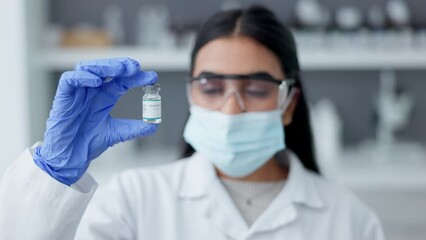 Poster - Innovation and modern science in a laboratory. A scientist holding medicine cure for covid, ready to save and treat diseases with an antidote. A health care professional with a drug at hospital