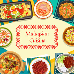 Sticker - Malaysian cuisine menu cover with food dishes and meals, Asian restaurant vector poster. Malaysian traditional lunch and dinner food meat and shrimp noodles, chicken satay and seafood risotto rice