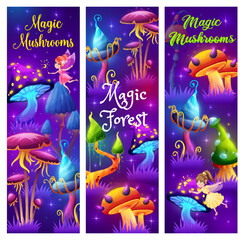 Aufkleber - Magic mushrooms in fairytale forest. Glowing fluorescent light fantasy fungi background. Vector banners with luminous fairy, magical mushroom and flying fairy with magic wand