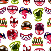 Scary Monster Mouths With Teeth Vector Seamless Pattern. Cartoon Halloween Vampires, Zombies And Alien Beasts With Horror Smiles, Spooky Background Of Drool Monsters With Dripping Saliva, Blood, Slime