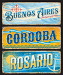 Buenos Aires, Cordoba, Rosario argentine city travel stickers and plates. Argentina city vintage stickers or shabby postcards. South America voyage destination vector tin sign or banner, travel plate