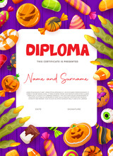 Halloween Kids Diploma. Cartoon Candies, Cookie And Sweets. Halloween Creepy Treats On Children Graduation Vector Certificate, Spooky Eyeball, Finger And Pumpkin Candy Sweets On Kids Education Diploma