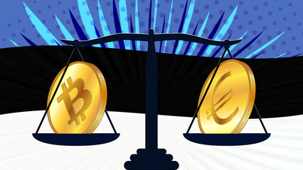 Canvas Print - Gold coin of Bitcoin BTC and Euro EUR on scales and colored flag of Estonia on background. Central Bank of Estonia adopts laws on digital assets CBDC.