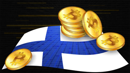 Wall Mural - Stacks of gold coins of Bitcoin BTC on colored flag of Finland on dark digital background. Central Bank of Finland adopts laws on digital assets CBDC.