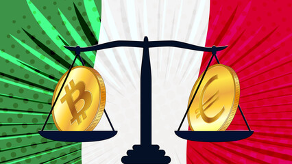 Canvas Print - Gold coin of Bitcoin BTC and Euro EUR on scales and colored flag of Italy on background. Central Bank of Italy adopts laws on digital assets CBDC.