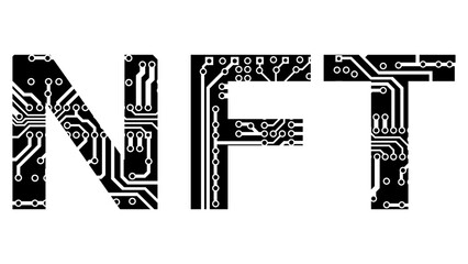 Wall Mural - Word silhouette NFT non fungible tokens perforated with PCB circuit board tracks isolated on white background. Modern digital style. Pay for unique collectibles in games or art. Design element.