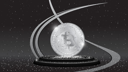 Wall Mural - detailed golden coins bitcoin in front view on pedestal with sequins on dark background. gray colors