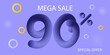 90 percent Mega Sale. Lilac loyalty discount program banner. Big super sale at reduced prices. Favorable promo deal, special offer. Hot deal. Modern background of advertising product promotion 3d. 