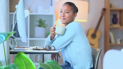 Aufkleber - Woman drinking a cup of coffee while taking a break from working on a computer at home. One remote young female entrepreneur thinking and enjoying a mug of tea while doing telework on a pc