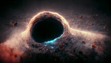Black Hole Event Horizon, Black Hole In Space Attracting Galaxies And Asteroids Surrounded By Gas Nebulas 3d Rendering