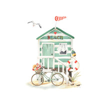 Beach Hut In Green Striped With Bicycle, Decorations Elements Design And Birds Seagull And Sandpipers, Watercolor Illustration Beach House With Symbols Summer Hobbies And Leisure On Coast Sea.