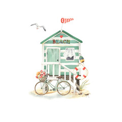 Beach hut in green striped with bicycle, decorations elements design and birds seagull and sandpipers, watercolor illustration beach house with symbols summer hobbies and leisure on coast sea.