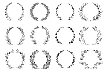 Aufkleber - Ornamental branch wreathes set in hand drawn design. Laurel leaves wreath and decorative branch bundle. Different types of herbs, twigs with flowers and plants elements. Vector floral decoration