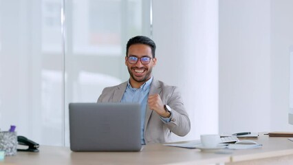 Wall Mural - Excited business man winning and celebrating while reading email on laptop and happy about success and good news after sealing online deal. Attorney or lawyer overjoyed after victory on legal case