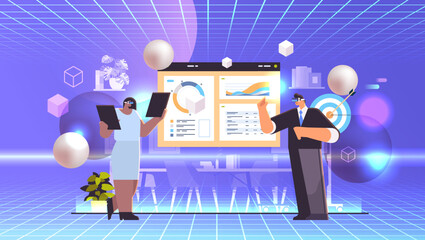 Poster - businesspeople in virtual reality glasses on graph financial statistics data analyzing vr vision hea
