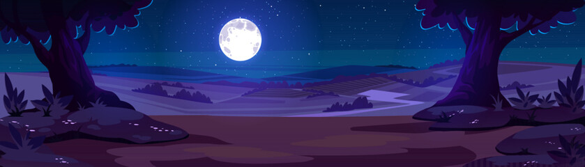 cartoon nature night time landscape with forest trees, rocks and field under full moon shining in st