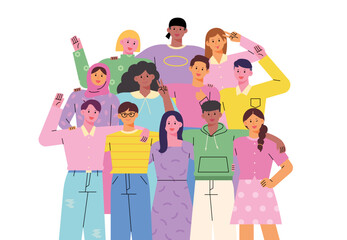 Wall Mural - People of different races and styles are standing together and smiling. flat design style vector illustration.