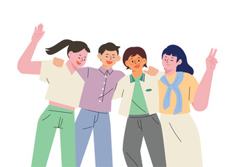 Wall Mural - Friends are shoulder-to-shoulder, V poses, and happy expressions. flat design style vector illustration.