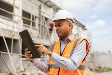 Wall Mural - Confident asian engineer man Using tablet for checking and maintenance to inspection at modern home building construction. Architect working with white safety helmet in construction site