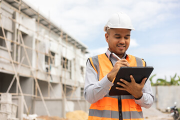 Wall Mural - Confident asian engineer man Using tablet for checking and maintenance to inspection at modern home building construction. Architect working with white safety helmet in construction site