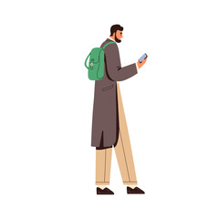 Poster - Guy uses smartphone on the go. Man walking, holding mobile phone in hand, surfing internet. Young person with cellphone in arm on street. Flat vector illustration isolated on white background