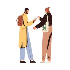 Poster - Person paying by credit bank card, using smartphone terminal app. Contactless cashless payment with mobile phone application, NFC technology. Flat vector illustration isolated on white background